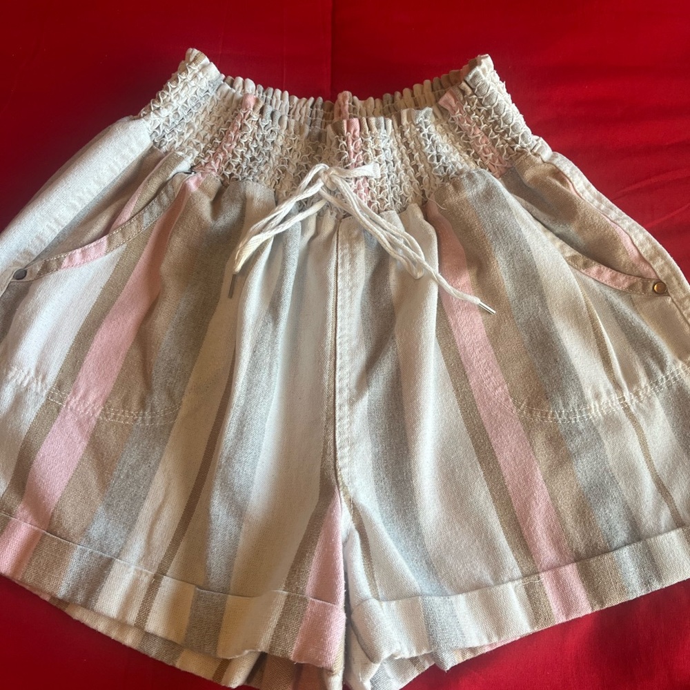 Cisono Wovens Striped Smocked Waist Shorts Pink Tan Grey Boho Summer Womens - Picture 2 of 5